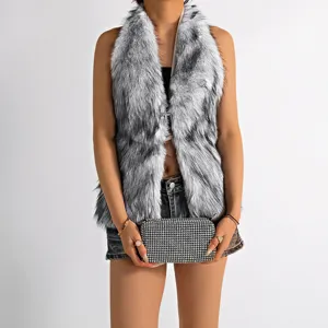 Detailed view of grey Mongolian faux fur halter top with sexy backless design for women