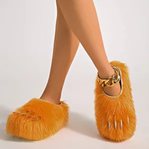 Fun orange furry monster claw slippers with silver nails and platform sole for women.