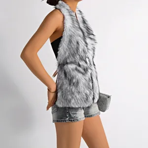Side view of grey and white Mongolian fur halter top with sexy backless design.