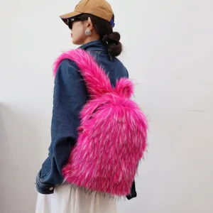 Trendy hot pink faux fur shaggy backpack for Y2K fashion style outfits and street wear
