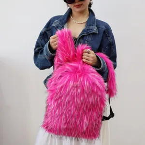 Vibrant hot pink long-pile faux fur backpack shown in a Y2K fashion street style lifestyle shot