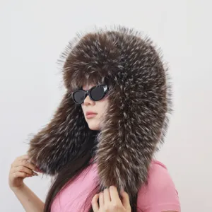 Detail of a fluffy brown faux fur trapper hat in trendy Y2K style for women