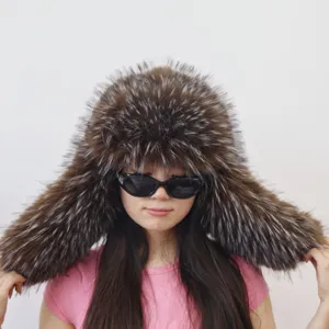Detailed view of an oversized faux raccoon fur trapper hat featuring a Y2K aesthetic
