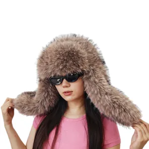 Y2K oversized faux raccoon fur trapper hat for women, fluffy plush ski hat for winter