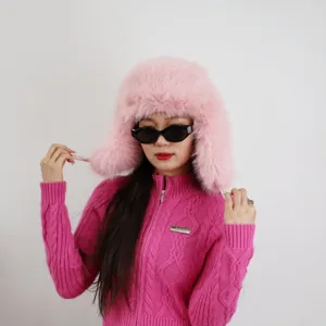 Trendige rosa Kunstpelz-Trappermütze im Y2K-Stil, Plüsch-Skimütze für den Winter