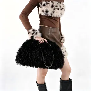 Stylish large black furry cloud handbag with soft feather texture and silver metal chain