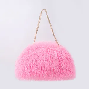 Elegant large pink fluffy cloud handbag featuring a stylish gold chain strap for women