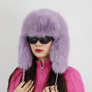 Modischer lila Kunstpelz-Ushanka-Hut für Damen Y2K Winter-Plüsch-Skimütze Detail