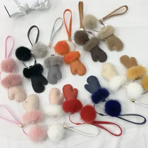 Cute leather mitten mink fur charm keychain in various candy colors for bags and cars