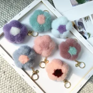 Fluffy Mink Fur Flower Keychain Cute Plush Pendant Bag Charm With Gold Metal Hardware Women Fashion Accessories