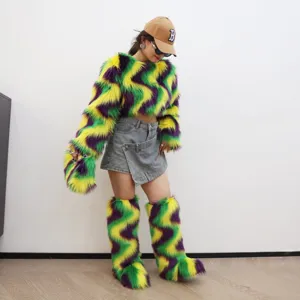 Ensemble complet Mardi Gras en fausse fourrure avec motifs chevrons verts violets jaunes