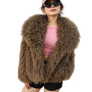 Abrigo Corto de Piel Sintética de Moda para Mujer Invierno Cálido Solapa Grande Manga Larga Cárdigan Chaqueta Exterior
