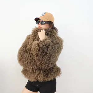 Chaqueta de pelo sintético marrón para mujer efecto lana de oveja tibetana, corta