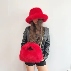 Vibrant red faux fox fur bucket hat and matching hobo bag fashion set