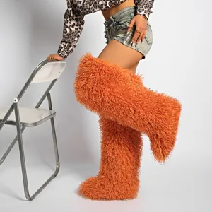 Llamativas botas por encima de la rodilla de piel sintética naranja para fiestas de carnaval
