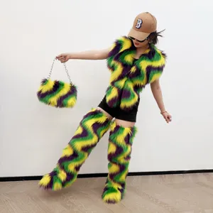 Ensemble de costume en fausse fourrure Mardi Gras avec gilet jambières et sac assorti
