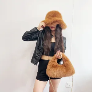Stylish brown faux fox fur bucket hat and matching hobo bag set for autumn winter