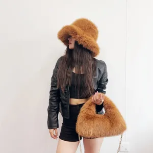 Faux fox fur bucket hat and matching hobo bag set for women, fluffy winter accessories
