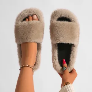 Chaussons pour femmes en fausse fourrure douce avec semelle épaisse en PVC confortable