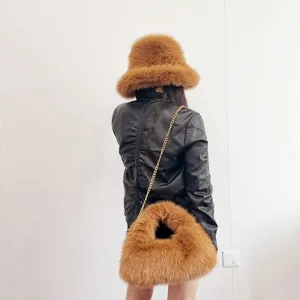Brown faux fox fur bucket hat and matching hobo bag set with golden chain strap