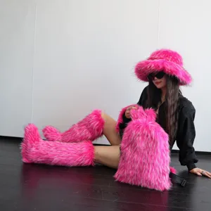 Vibrant Y2K hot pink faux fur backpack and matching accessories set shown on model