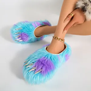 Unisex Thick Platform Furry Claw Slippers Funny Animal Foot Warm House Shoes Winter Fluffy Mules Indoor Footwear