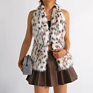Detailed view of soft leopard print faux fur halter neck vest worn by model in studio