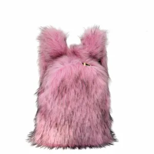 Detailed texture of pink faux fur backpack with rabbit ears Y2K style