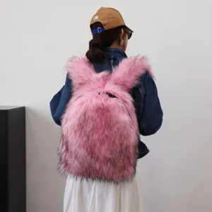 Back view of a trendy pink faux fur rucksack featuring Y2K rabbit ear design in macro detail