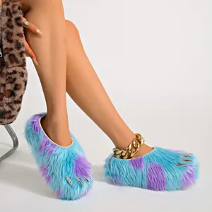 Chunky faux fur monster claw slippers in blue and purple, cozy indoor mule shoes