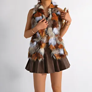 Detail shot of colorful Mongolian fur vest with patchwork design and fluffy, soft texture