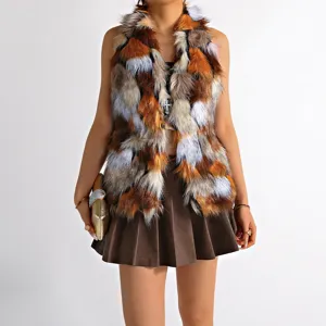 Stylish multi-color Mongolian faux fur halter top vest with a sexy backless look