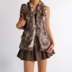 Macro view of textured Mongolian faux fur vest with metal cross pendant detail