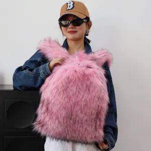 Fashionable large capacity pink faux fur bunny backpack with Y2K aesthetic, worn by model
