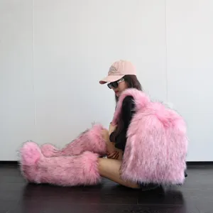 Close-up detail of stylish pink Y2K faux fur backpack with matching leg warmers