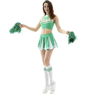 Sexy green and white cheerleader costume set for women, featuring crop top and pleated skirt.