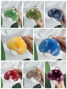 Cute plush mushroom keychains in 8 Macaron colors featuring soft faux fur texture and gold ring