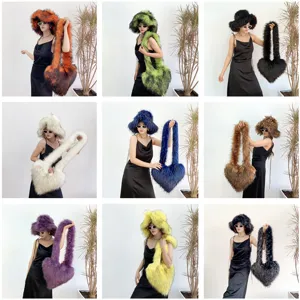 Neuf options de couleurs pour l'ensemble chapeau cloche en fausse fourrure et sac coeur