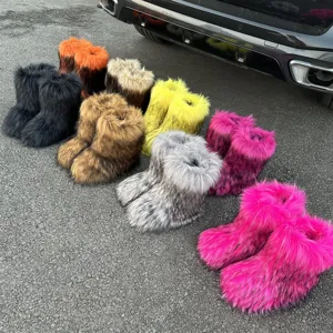 Multiple colors of Y2K style fluffy faux fur snow boots shown in outdoor street shot