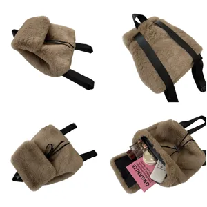 Detaillierte Mehrfachansichten eines braunen Plüschrucksacks mit Innendetails aus Kunstpelz