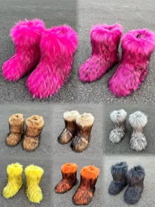 Detailed view of faux fur snow boots showcasing various vibrant color options and textures.