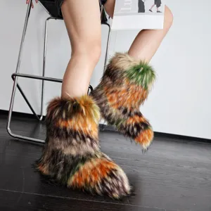 Detailed view of fluffy multi-colored faux raccoon fur Y2K style snow boots