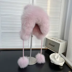 Gorro aviador de piel de zorro rosa con forro de punto cálido y pompones