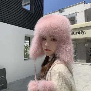 Gorro Ruso de Piel de Zorro para Mujer de Invierno Cálido Felpa Tejida Protección para los Oídos Gorro de Esquí