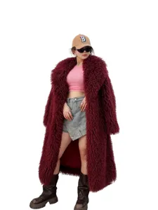 Long manteau bordeaux en fausse fourrure d'agneau de Mongolie pour femmes en hiver