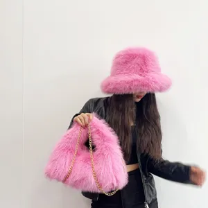 Fashionable hot pink imitation fox fur bucket hat and hobo chain bag set for women