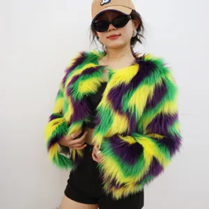 Manteau en fausse fourrure Mardi Gras violet vert jaune pour costumes de carnaval