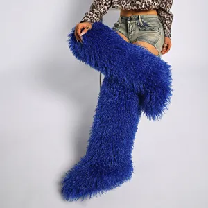 Botas por encima de la rodilla de pelo sintético azul, calentadores de fiesta.
