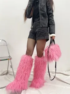 Ensemble de jambières et sac à main assortis en fausse fourrure rose style punk