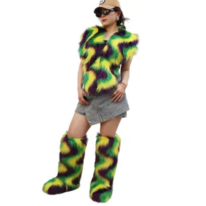 Gilet en fausse fourrure violet vert et jaune Mardi Gras avec jambières assorties